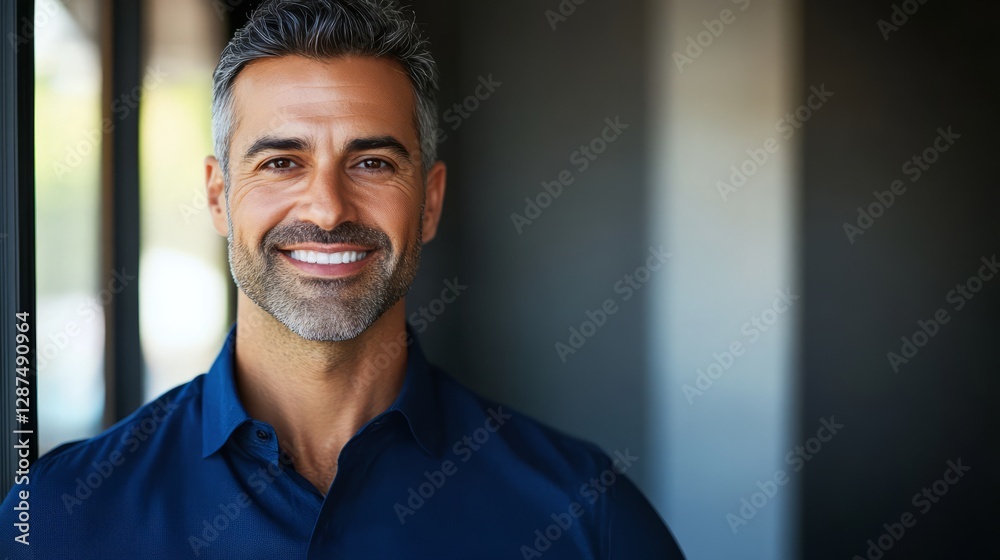 Naklejka premium The portrait vividly captures the temperament and style of a modern businessman. His dark blue shirt is not only a symbol of professional status, but also conveys a sense of reserved strength and reli