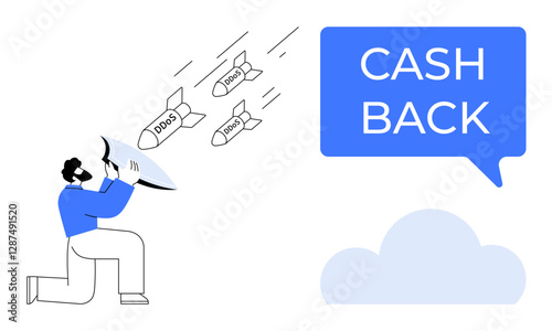 Man holds a shield to protect against bombs labeled DDoS, Phishing, and Trojan while receiving a cash back speech bubble. Ideal for cybersecurity, rewards, protection, finance, digital threats