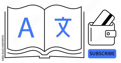 Open book displaying English and Chinese characters next to wallet with credit card and subscribe button. Ideal for e-learning, language apps, online courses, educational content, digital libraries