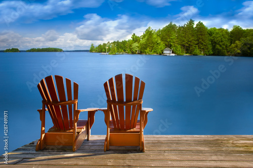 Two Adirondack chairs sitting on a wooden dock facing a blue calm lake. Across the water is a white cottage nestled among green trees.  photo