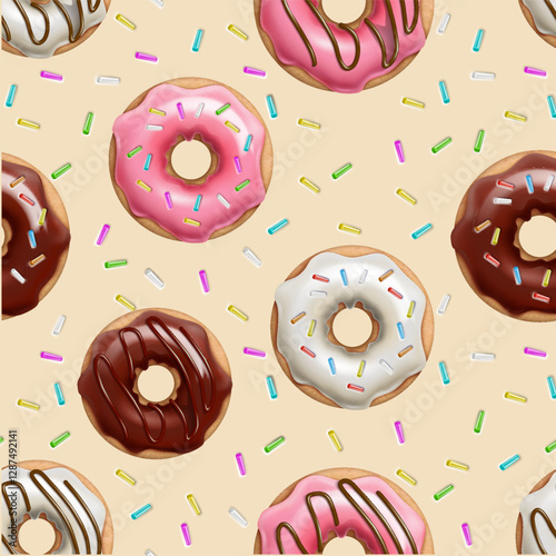 3d realistic vector illustration. Colorful doughnuts with chocolate glaze pattern with sprinkles.