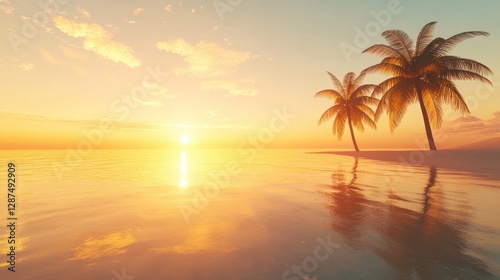 A beautiful sunset over the ocean with two palm trees in the foreground