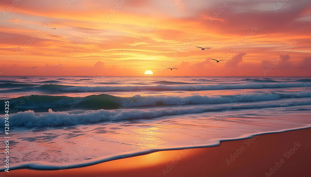 Obraz premium Vibrant Sunset Reflecting on Calm Sea Waters