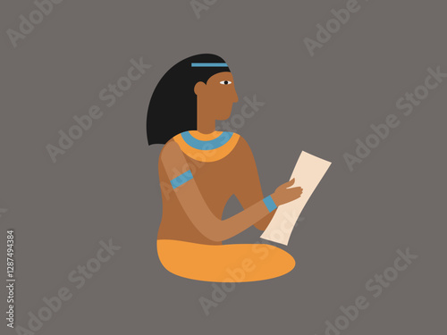 flat vector illustration of a person holding a papyrus scroll in an ancient Egyptian style