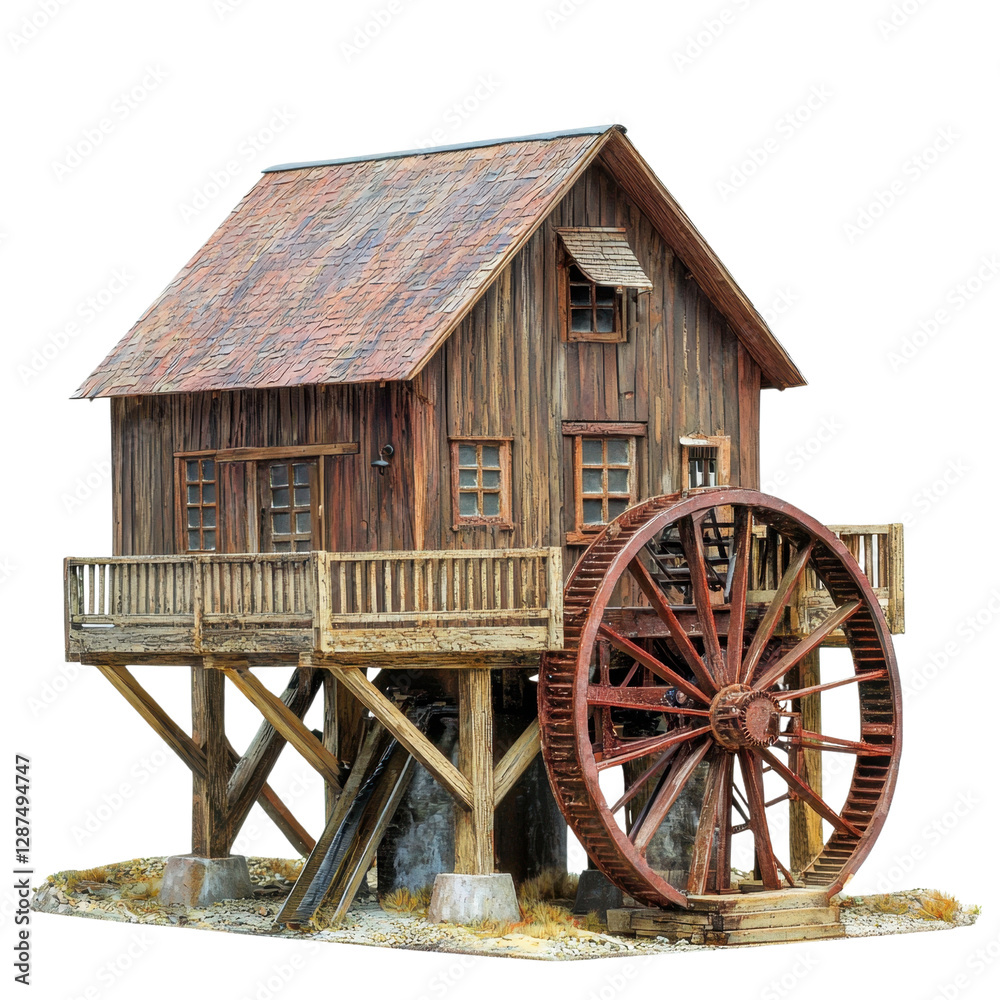 Fototapeta premium Rustic Wooden Water Mill with Large Wheel in Scenic Setting