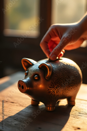 Saving for the future a hand depositing coins into a piggy bank cozy room still life warm lighting financial security photo