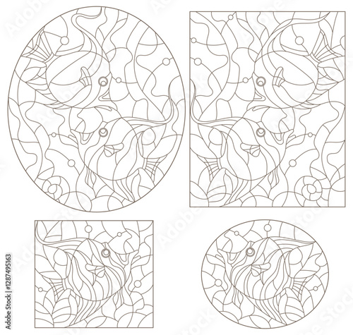 A set of contour illustrations in the style of a stained glass window with fish, dark contours on a white background