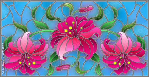 llustration in stained glass style with flowers, leaves and buds of pink lilies on a blue background