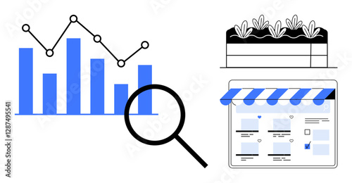 Bar and line graph with magnifying glass, online storefront with awning, row of plants in garden bed. Ideal for business analytics, e-commerce, gardening, growth, research, online shopping data