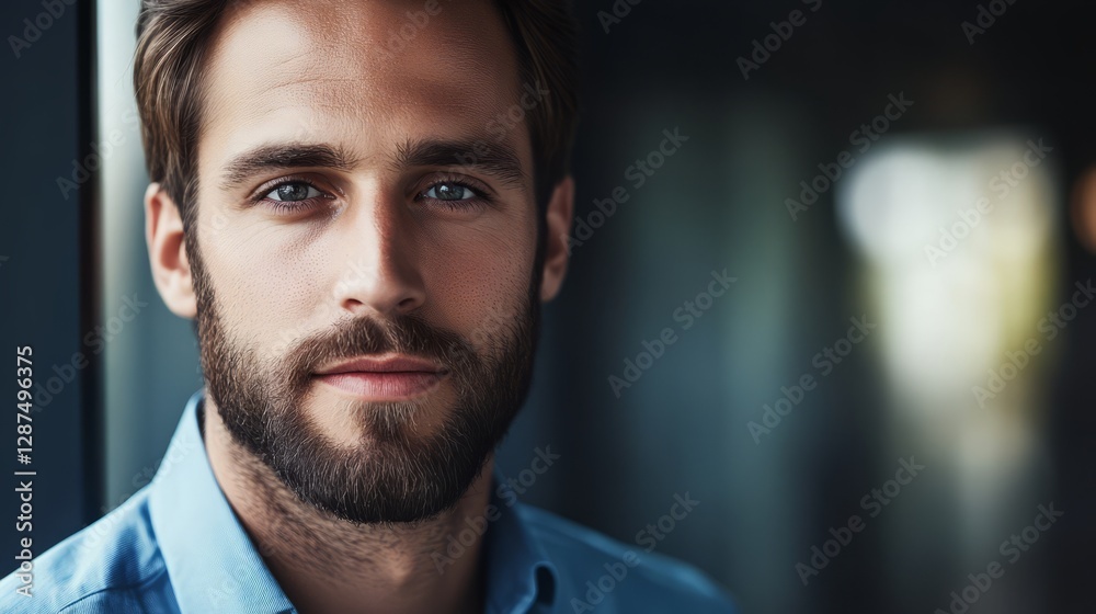 The portrait vividly captures the temperament and style of a modern businessman. His dark blue shirt is not only a symbol of professional status, but also conveys a sense of reserved strength and reli The portrait vividly captures the temperament and style of a modern businessman. His dark blue shirt is not only a symbol of professional status, but also conveys a sense of reserved strength and reli
