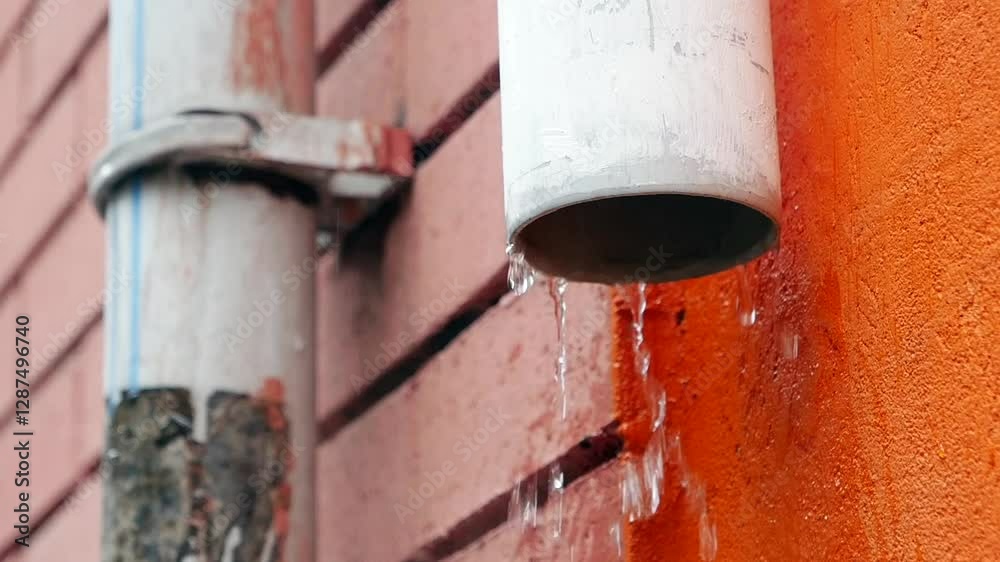 Rainwater flows from a pipe against an orange wall Rainwater flows from a pipe against an orange wall