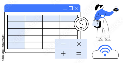 Financial analyst examining spreadsheet holding calculator, dollar icon, and cloud symbol. Ideal for finance, accounting, budgeting, data analysis, cloud computing, financial planning remote work