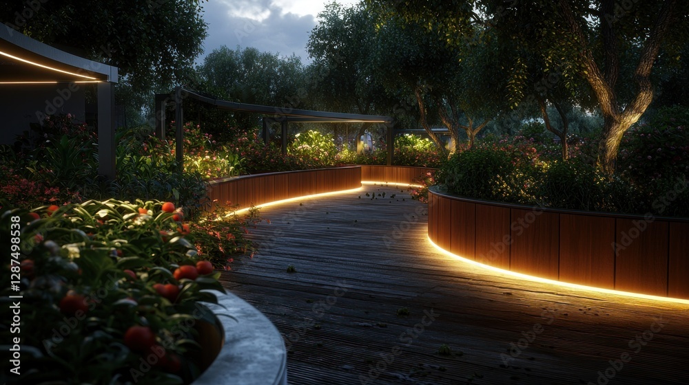 Obraz premium Serene garden pathway illuminated by soft lights, surrounded by lush greenery and vibrant flowers