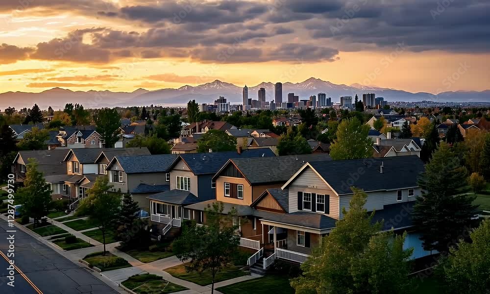 Aerial view of suburban homes at sunset with mountains and city skyline in the background Aerial view of suburban homes at sunset with mountains and city skyline in the background