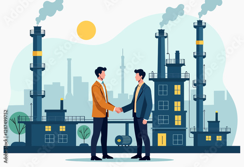 Petrochemical Plant Meeting Illustration: Business Leaders Shake Hands, Team Discusses Production, Flat Vector Design on White - Representing Collaboration and Industry Agreements!

