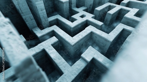 Aerial view of a complex, icy maze structure with intricate pathways and a misty atmosphere