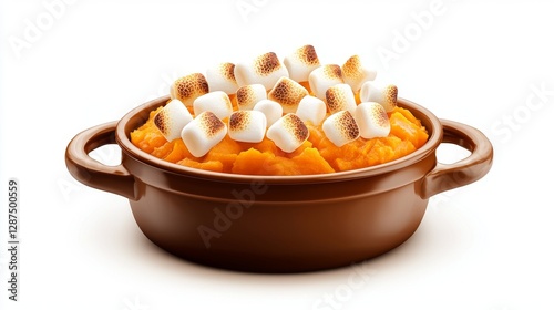 A traditional sweet potato casserole, topped with toasted marshmallows, homestyle illustration, warm tones, isolated on white background