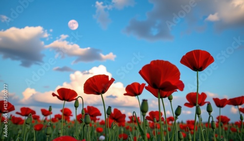 A beautiful field of red tulips and poppies under a blue sky