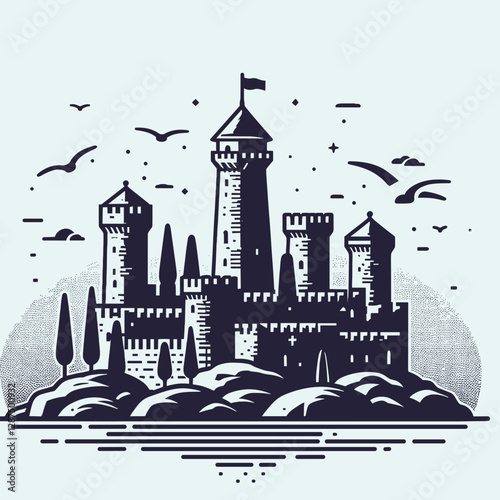 Medieval castle illustration with towers and birds