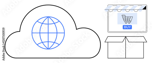 Cloud icon with globe representing global network, online store with shopping cart and buy button, open delivery box. Ideal for e-commerce, logistics, online retail, cloud services, global trade