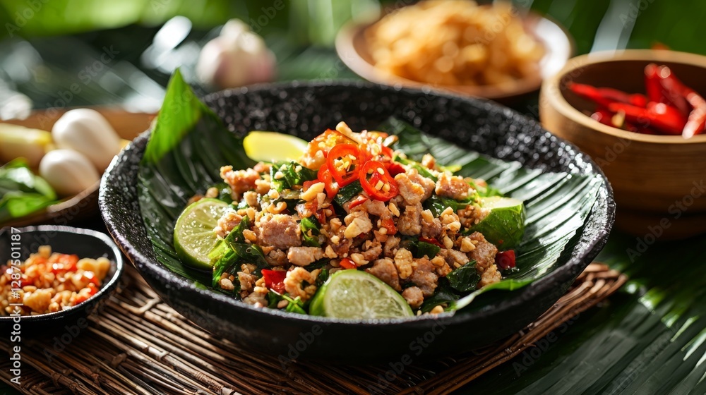 Authentic Thai stir-fried basil with minced pork, red chili slices, and golden fried garlic, arranged elegantly. --chaos 20 --ar 16:9 --quality 2 --v 6.1 Job ID: 0b95302b-00c2-464c-a0a8-68226721f722 Authentic Thai stir-fried basil with minced pork, red chili slices, and golden fried garlic, arranged elegantly. --chaos 20 --ar 16:9 --quality 2 --v 6.1 Job ID: 0b95302b-00c2-464c-a0a8-68226721f722