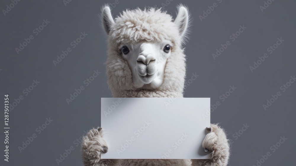 Fototapeta premium Alpaca holding a blank white sign against a gray background, showcasing curiosity and humor. Animal communication and expression concept