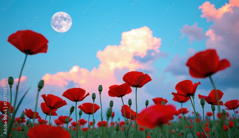 Obraz premium A beautiful field of red tulips and poppies under a blue sky