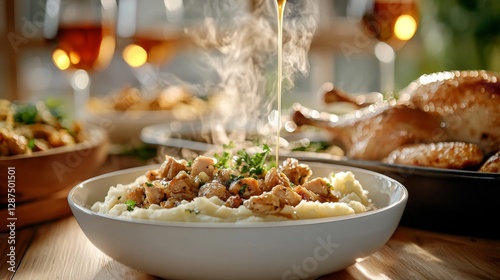 A warm and cozy Thanksgiving table filled with dishes like turkey, mashed potatoes, and stuffing, all drizzled with rich, golden gravy, steam rising