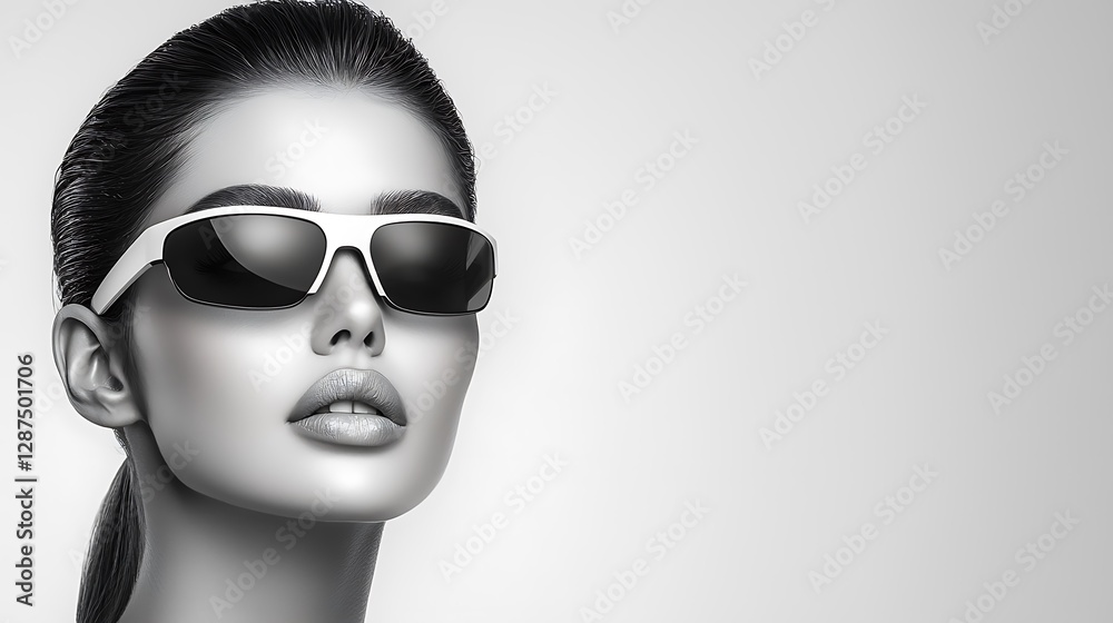 Hyper-detailed monochrome portrait of a futuristic model wearing oversized, avant-garde eyewear, emphasizing elegant contours, soft shadows, and cyber-tech influences, shot in an innovative Hyper-detailed monochrome portrait of a futuristic model wearing oversized, avant-garde eyewear, emphasizing elegant contours, soft shadows, and cyber-tech influences, shot in an innovative