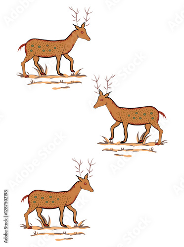 Cartoon deer wild animal forest fauna standing, lying, jumping, drinking and grazing set isolated on white. Cute bambi baby fawn, horny reindeer and spotted roe in various poses vector illustration