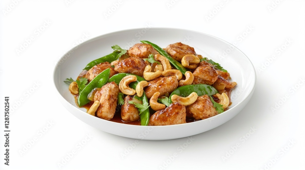 Stir-fried chicken with cashew nuts, vibrant green snow peas, and savory sauce, isolated on white --chaos 20 --ar 16:9 --quality 2 --v 6.1 Job ID: a01d0928-a251-4d61-98ce-1a88f8ad93d8 Stir-fried chicken with cashew nuts, vibrant green snow peas, and savory sauce, isolated on white --chaos 20 --ar 16:9 --quality 2 --v 6.1 Job ID: a01d0928-a251-4d61-98ce-1a88f8ad93d8