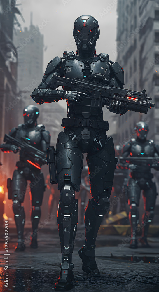 Cybernetic troops of tactical combat humanoid robots, preparing for urban warfare operations, background wallpaper. Cybernetic troops of tactical combat humanoid robots, preparing for urban warfare operations, background wallpaper.