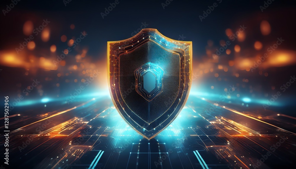 Fototapeta premium A vibrant digital shield representing cybersecurity, illuminated by glowing lights, symbolizing protection and defense in the digital realm.