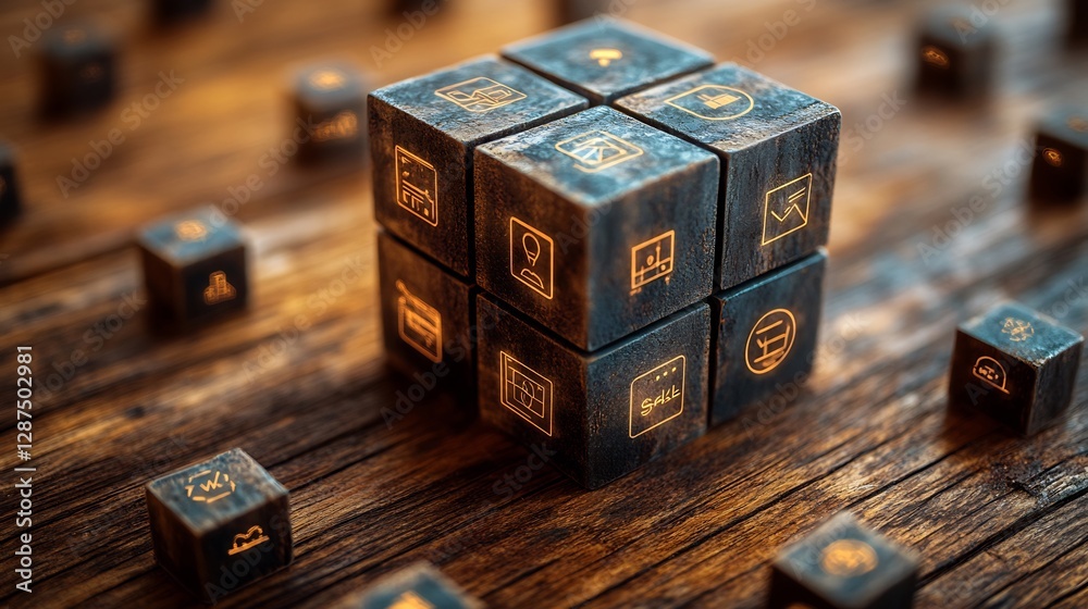 Obraz premium Close up shot of a cube symbolizing program increase and client growth placed on a wooden background with icons representing conversion and sale