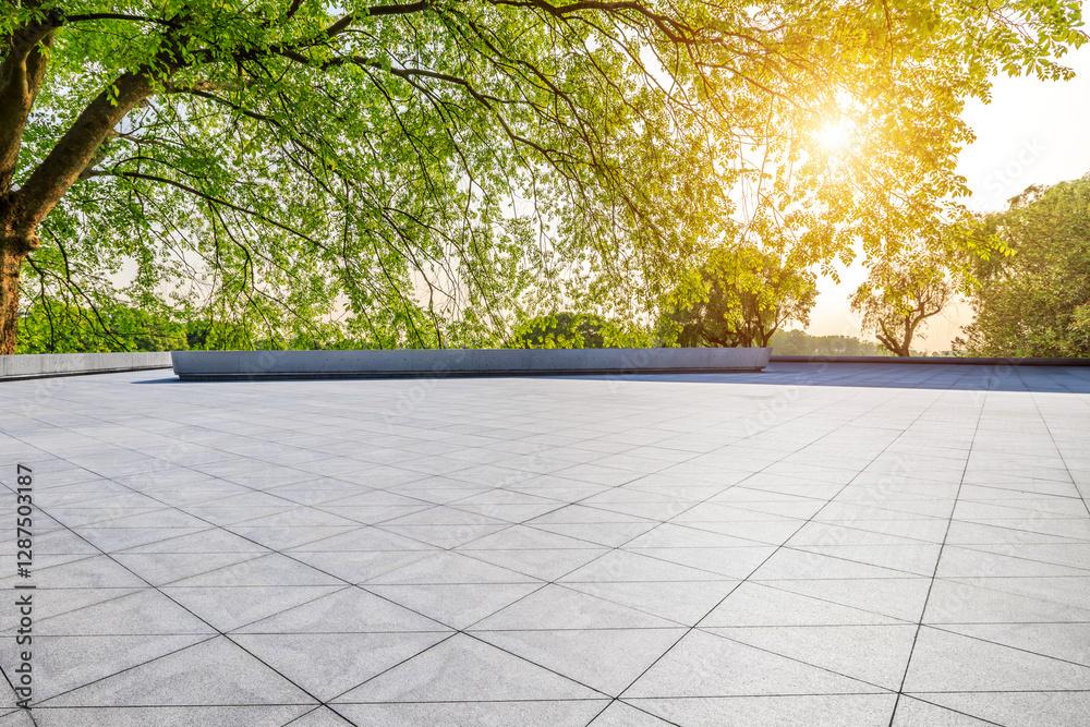 Empty square floor with green trees and sunlight background