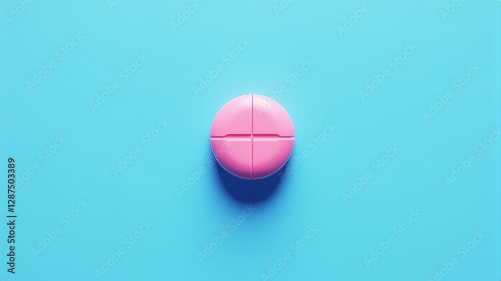 A single pink pill, placed on a solid blue background. A single pink pill, placed on a solid blue background.