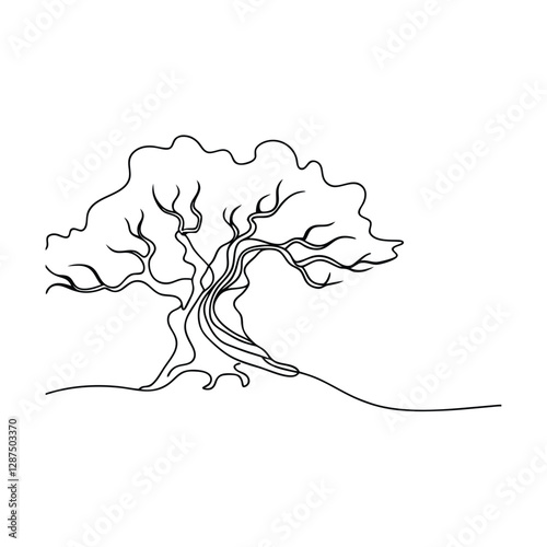 Single Line Drawing Ancient Weathered Olive Tree Nature Sketch