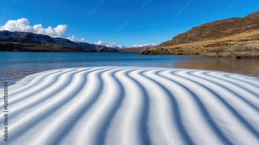 Fototapeta premium Life Stages style. Serene shoreline with rippled sand and clear blue water under a bright sky.