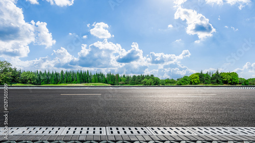 Obraz na płótnie Asphalt road with green forest and clear blue sky in summer w salonie
