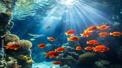 Sunlit Aquarium Fish School Reef Coral photo