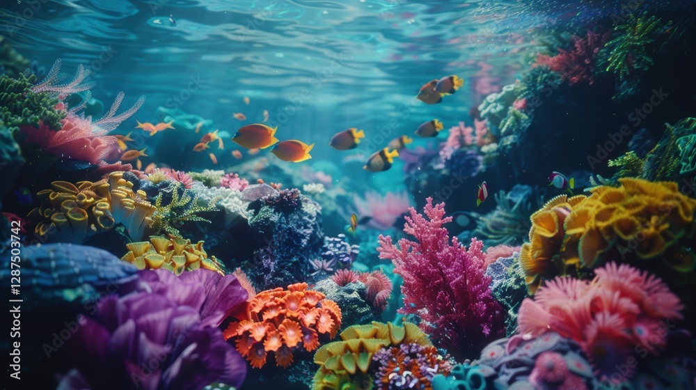 Fototapeta premium A mesmerizing underwater scene showcasing a thriving coral reef teeming with colorful fish