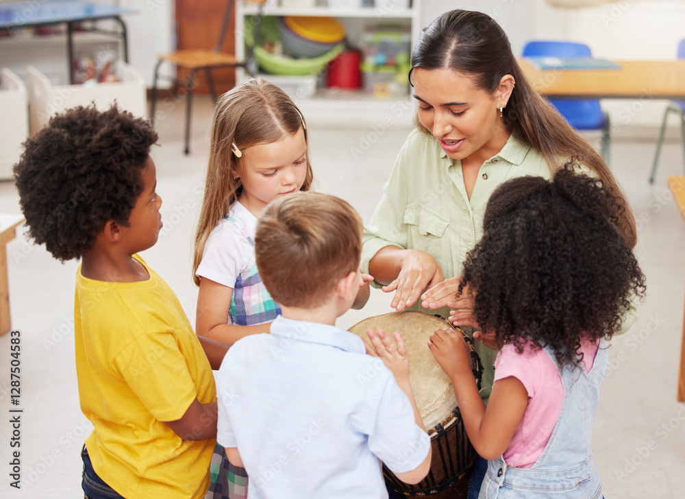 Woman, children and play drums in classroom for creative learning, language development and childhood. Teacher, kids and instruments for teaching music, sensory education and group activity at school Woman, children and play drums in classroom for creative learning, language development and childhood. Teacher, kids and instruments for teaching music, sensory education and group activity at school
