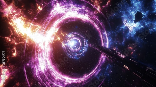 Fototapeta Naklejka Na Ścianę i Meble -  A futuristic space station harnesses the power of a nebula, glowing rings pulsing with radiant energy