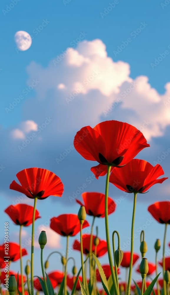 Obraz premium Red poppies sway in a vibrant field under a bright moonlit sky with fluffy clouds at dusk
