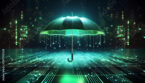 A glowing green umbrella stands in a digital landscape, surrounded by shimmering data streams, creating a futuristic and surreal atmosphere.