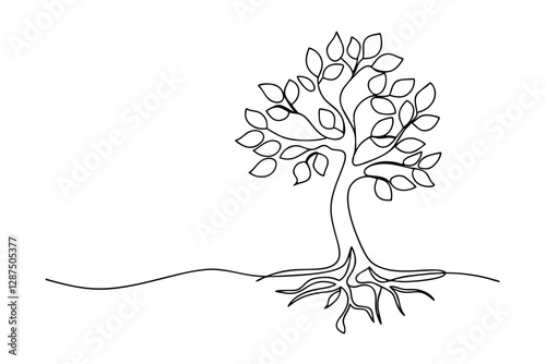 Single Line Drawing of a Tree with Roots and Leaves