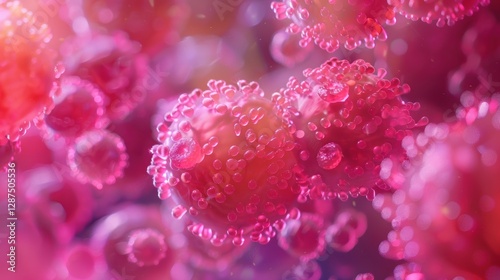 A highly detailed and artistic microscopic representation of virus cells surrounded by a glowing pink environment. photo