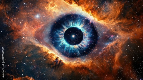 A hyper-detailed cosmic eye emerges from a nebula, its glowing iris reflecting the secrets of the universe
