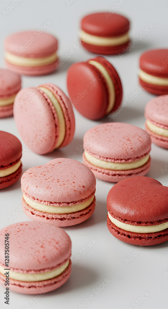 Delicate, heart shaped macarons in pastel pink and red hues, filled with a champagne-flavored buttercream. Delicate, heart shaped macarons in pastel pink and red hues, filled with a champagne-flavored buttercream.