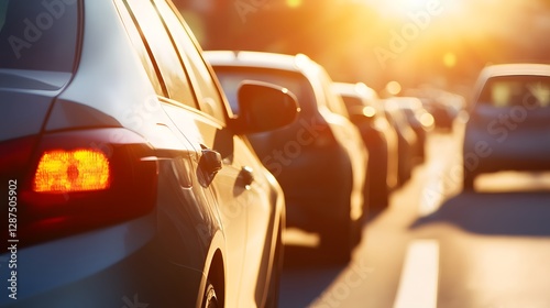 Cars driving in traffic during golden hour sunset light